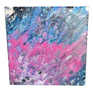 Abstract Fluid Pour Painting Neon Pink Blue 12" x 12" Canvas Home Decor Art